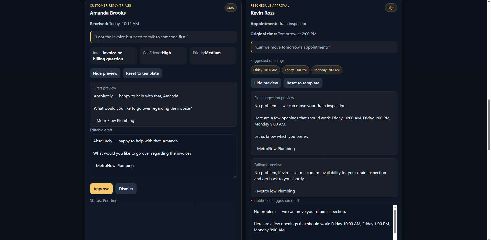 Revenue Recovery customer reply triage and reschedule approval screenshot