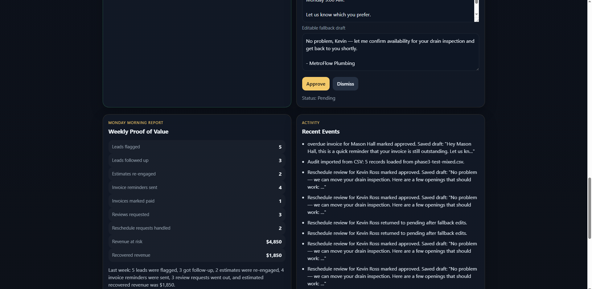 Revenue Recovery weekly proof of value and recent events screenshot